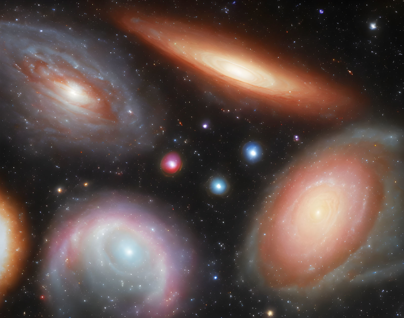 Multiple Galaxies with Spiral Arms and Glowing Centers in Cosmic Scene