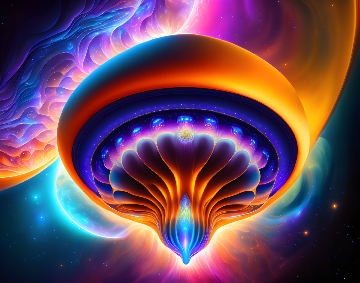 Colorful digital art: cosmic shell structure in neon colors on starry space backdrop