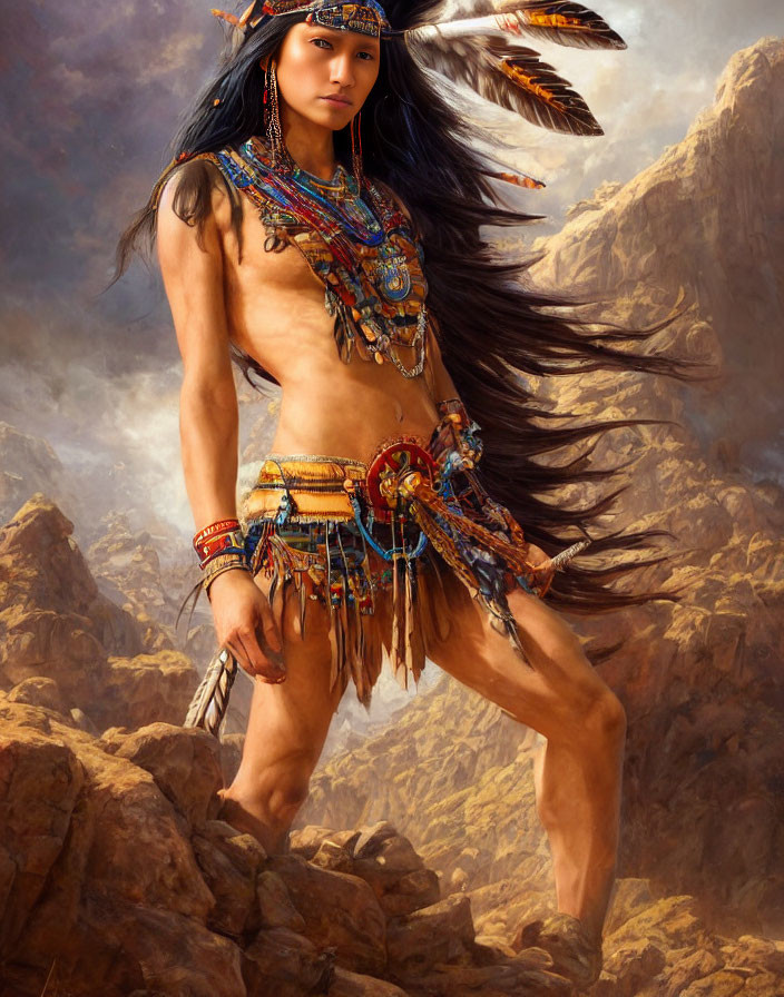 Person in ornate tribal attire on rugged terrain with feathers, beads, and fringes.