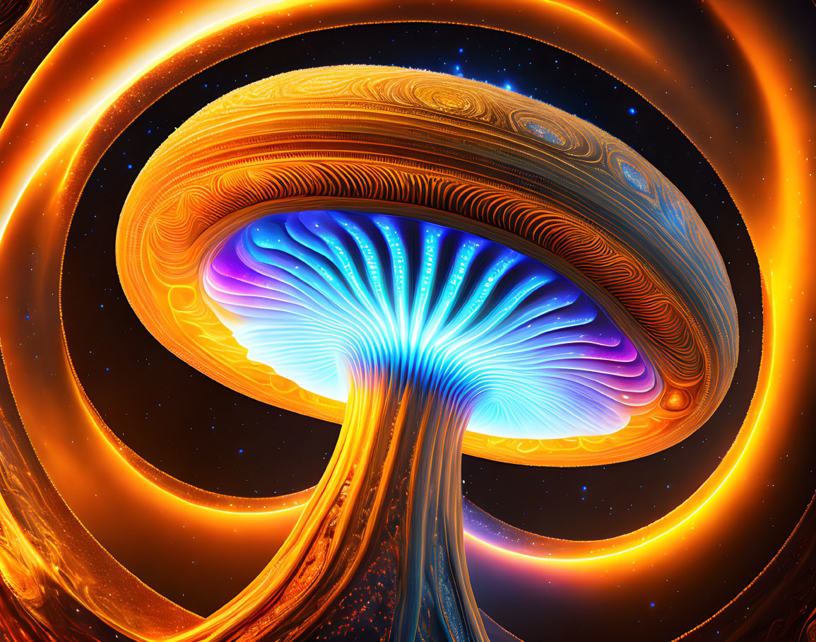 Abstract digital artwork: Mushroom-like structure with glowing rings on cosmic backdrop