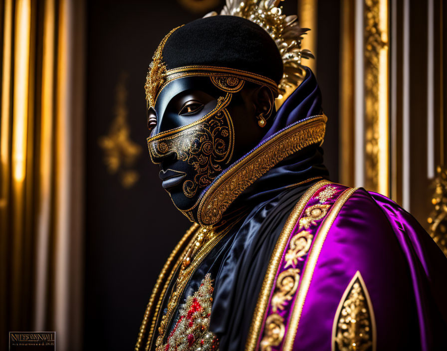 Person in Black and Gold Mask and Purple Costume with Golden Embroidery