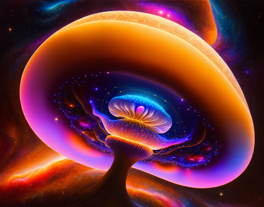 Colorful digital art: swirling tree under celestial body with nebulae and stars