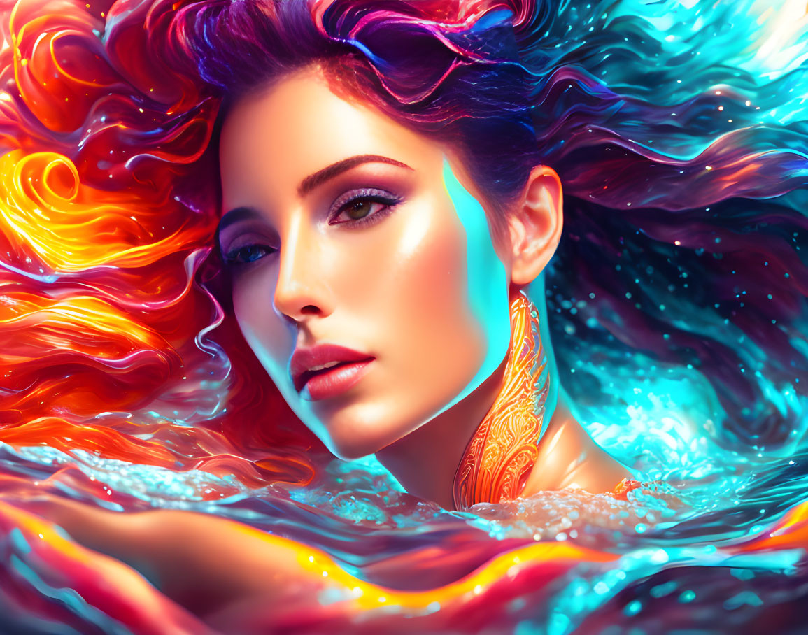 Colorful portrait of woman with flowing hair and makeup submerged in water