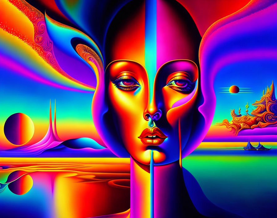 Symmetrical face with psychedelic colors and celestial body in surreal artwork