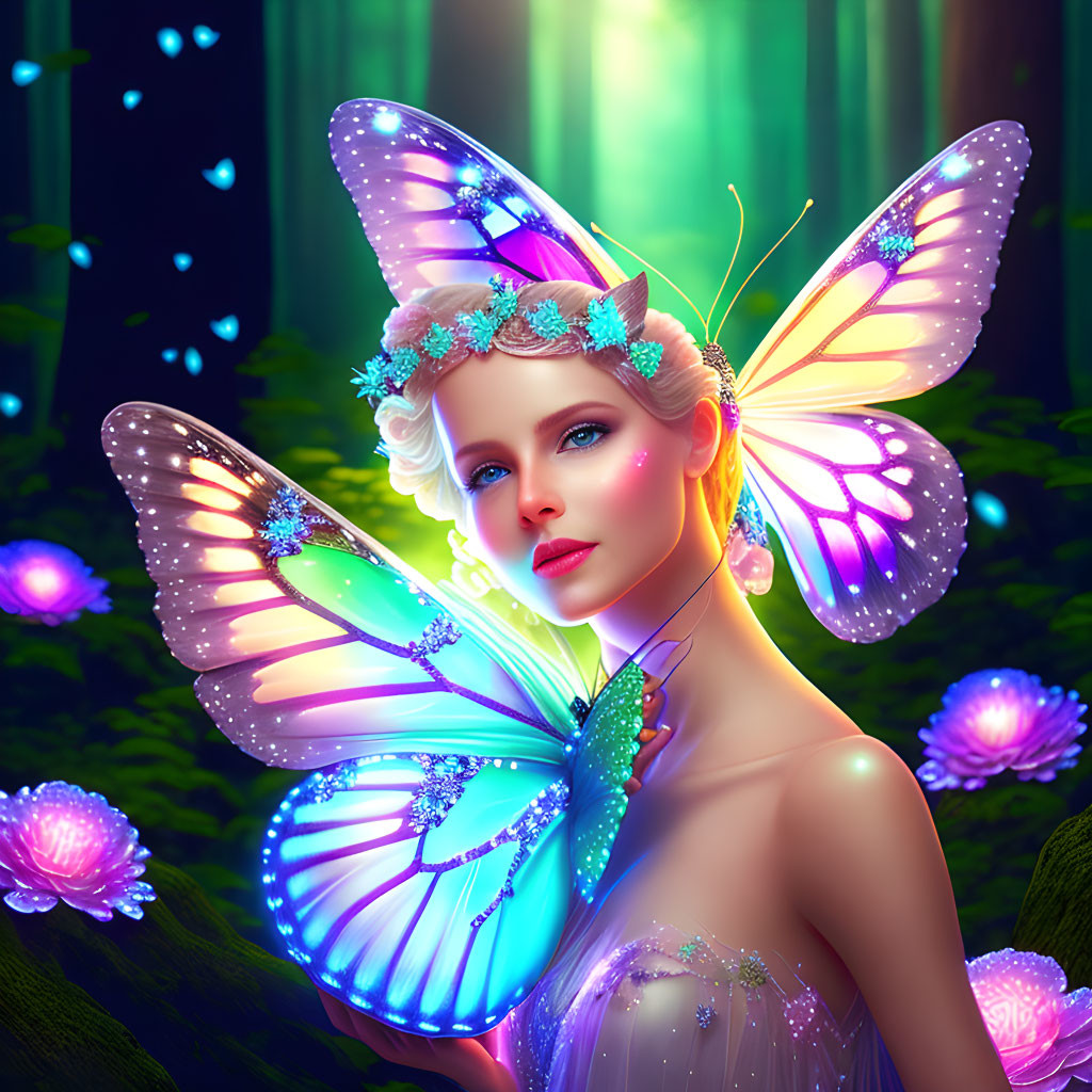 Woman with Butterfly Wings and Floral Hair in Enchanted Forest