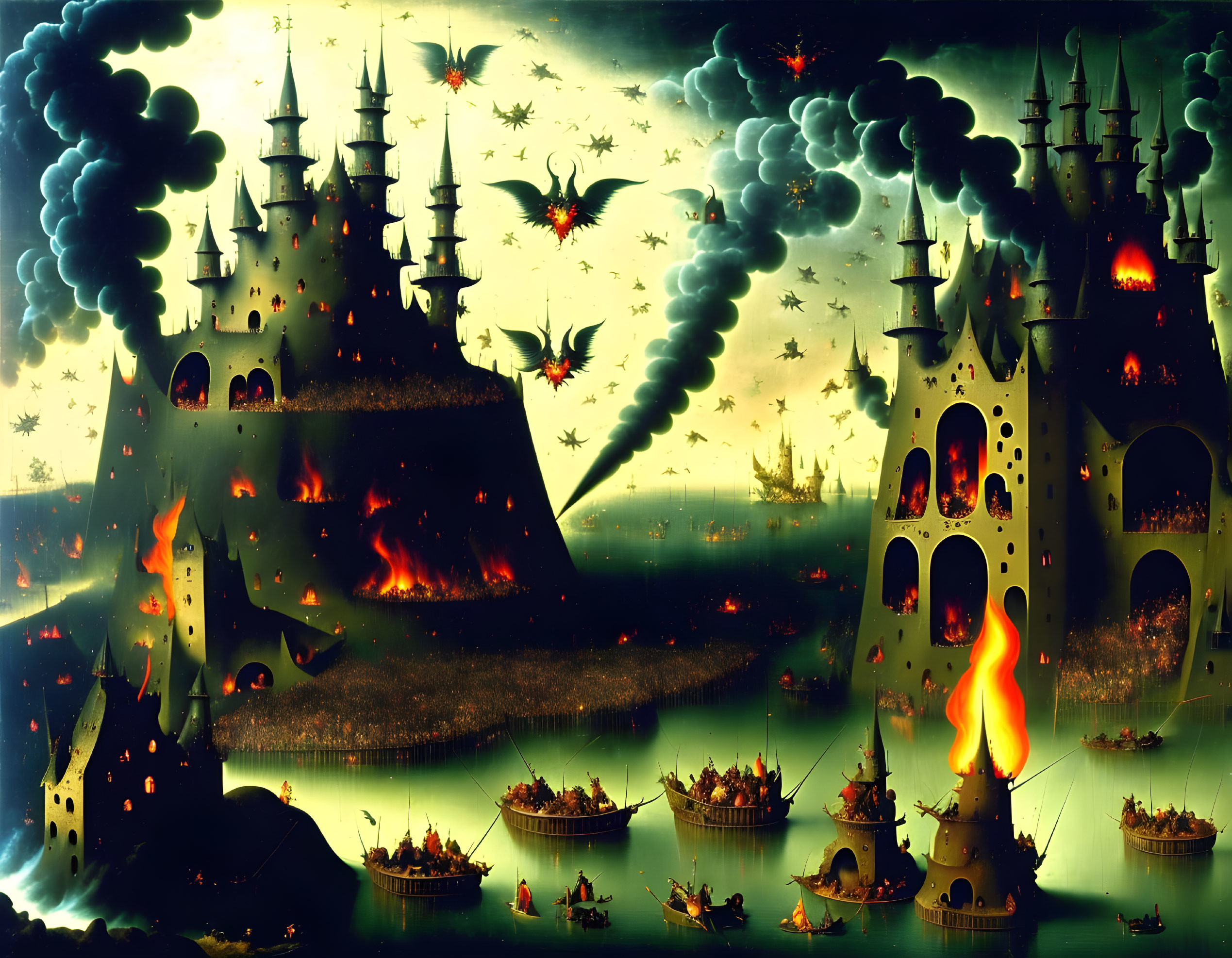 Dark fantasy painting: burning castles, fiery ships, and dragons in smoky skies