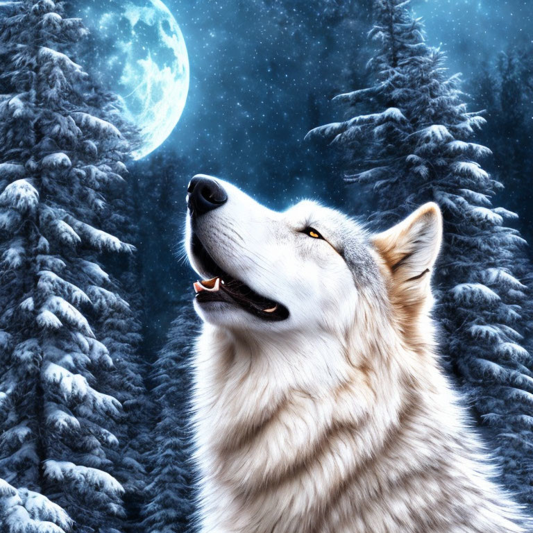 Wolf howling under full moon in snowy pine forest