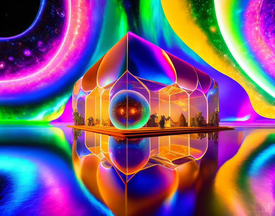 Colorful digital artwork: Reflective cube, neon swirls, trees, glossy surface