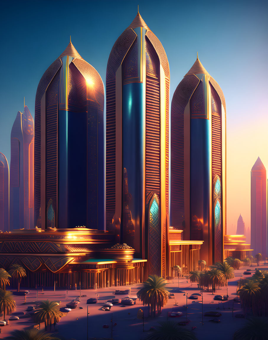 Modern skyscrapers with intricate designs in desert setting