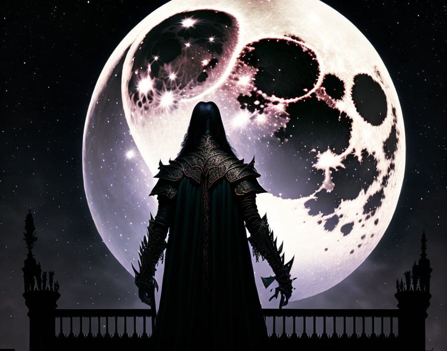 Mysterious Figure in Dark Cloak Staring at Enormous Moon