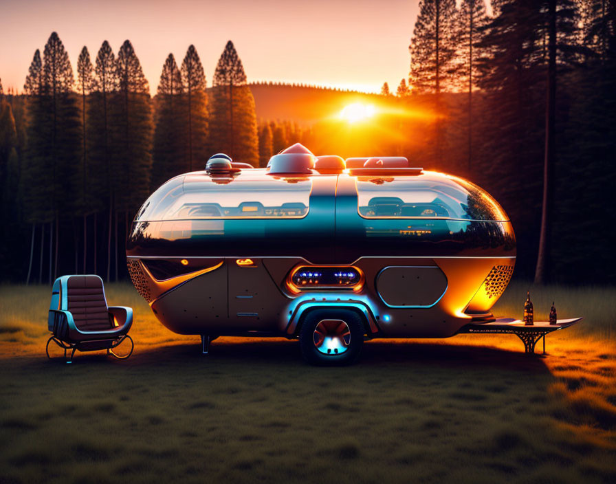 Futuristic RV with round design in forest sunset setting