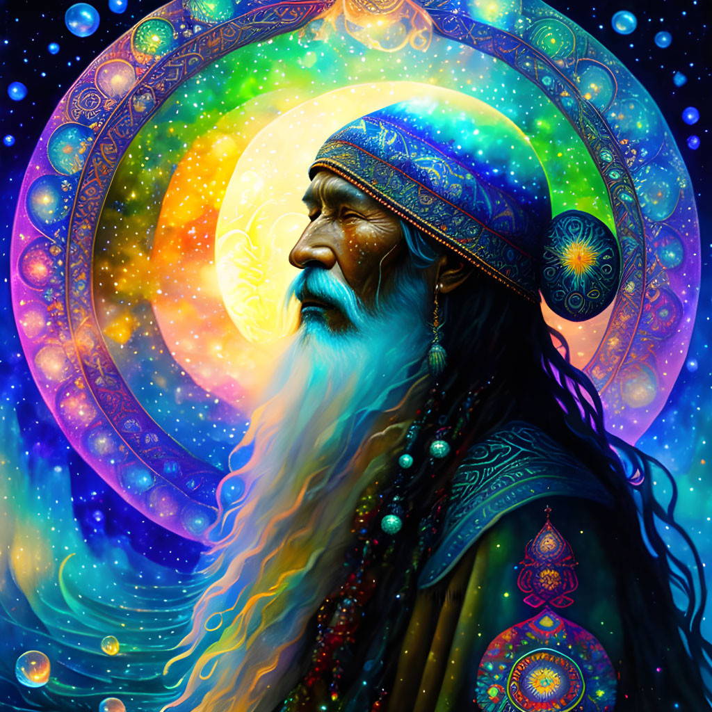 Elderly wise man illustration in jeweled turban and cosmic background