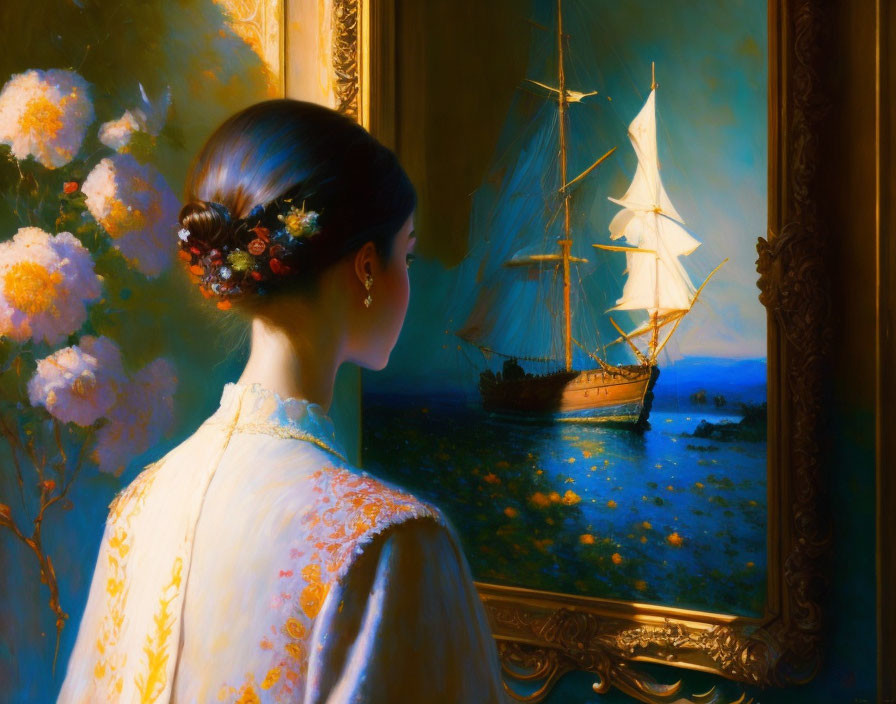 Woman with adorned hair bun admires sailing ship painting on tranquil blue sea.