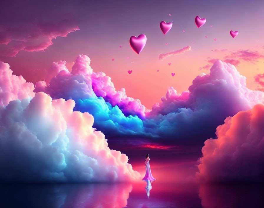 Person in Long Dress Under Whimsical Sky with Pink Hearts and Purple Clouds