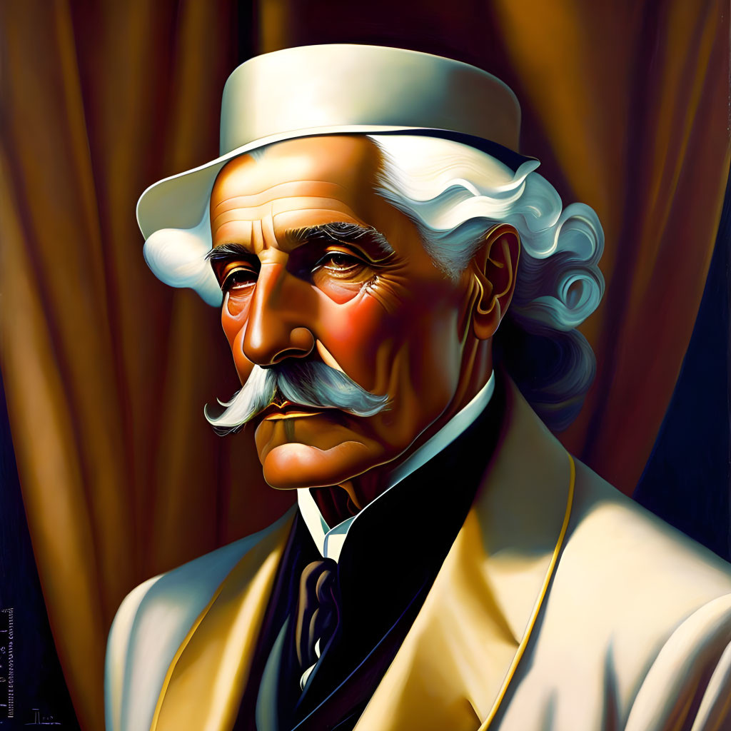 Elderly Gentleman with White Hair and Mustache in Tan Suit and White Hat Illustration