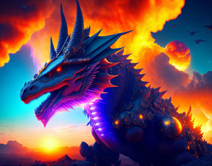 Blue dragon under fiery sky with multiple moons and glowing eyes.