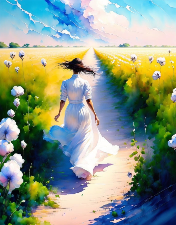 Woman in white dress walking on vibrant country path with white flowers under blue sky.
