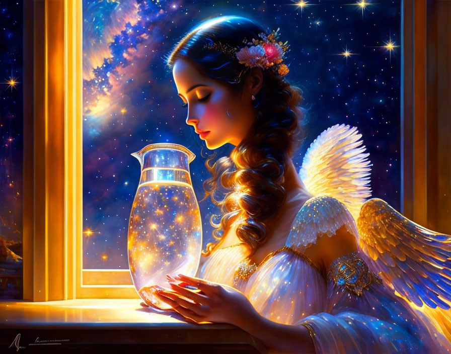 Angel with wings admires star-filled vase under cosmic night sky
