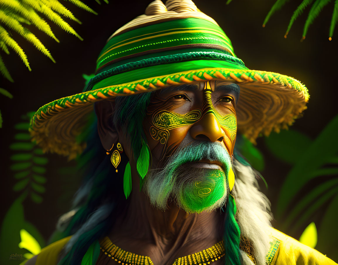 Elderly man with green and gold face paint in wide-brimmed hat and feather earrings among