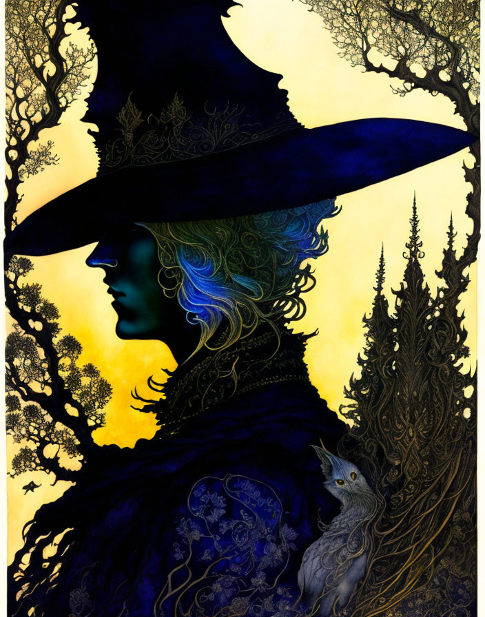 Detailed profile illustration of a person with wide-brimmed hat and cloak, in forest scene with styl