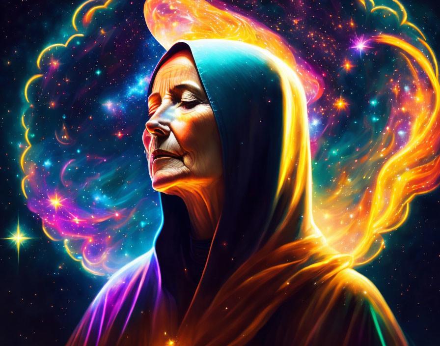 Elderly woman with cosmic colors and swirling stars in mystical space theme