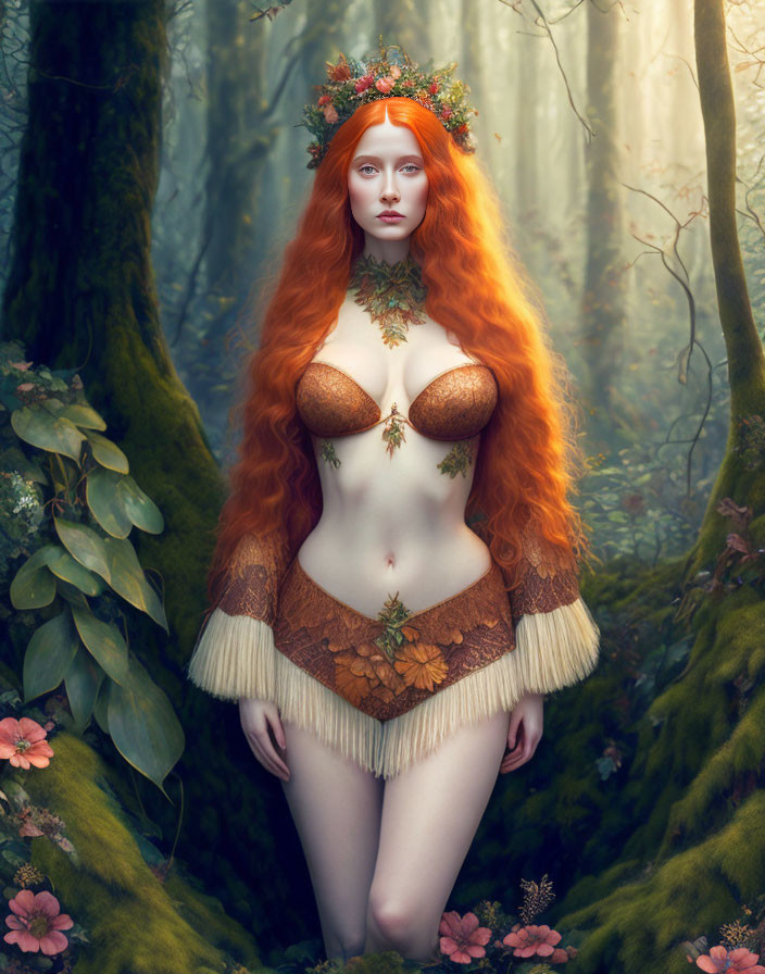 Mystical forest figure with red hair and leaf crown in nature setting