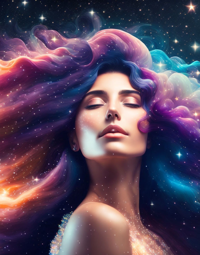 Woman with flowing hair merging into cosmic galaxy - serene and ethereal beauty