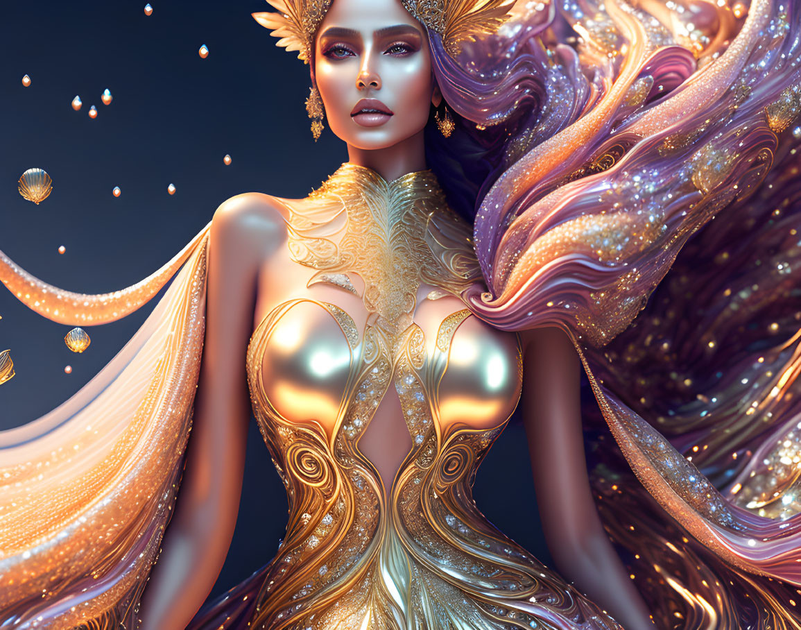 Woman in golden armor with multicolored cape and regal headpiece against celestial backdrop