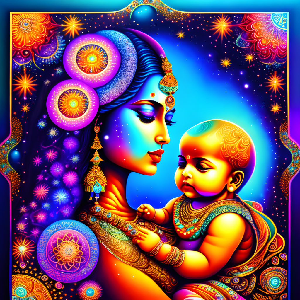 Colorful psychedelic illustration of woman with blue skin and baby in traditional attire amidst ornate patterns and star