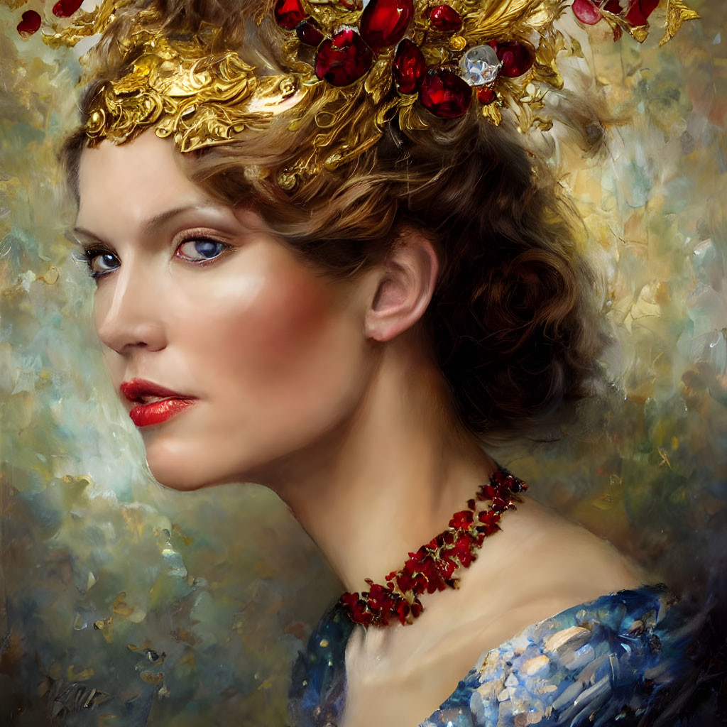Woman with Golden Headdress and Red Jewels in Blue Dress on Textured Background