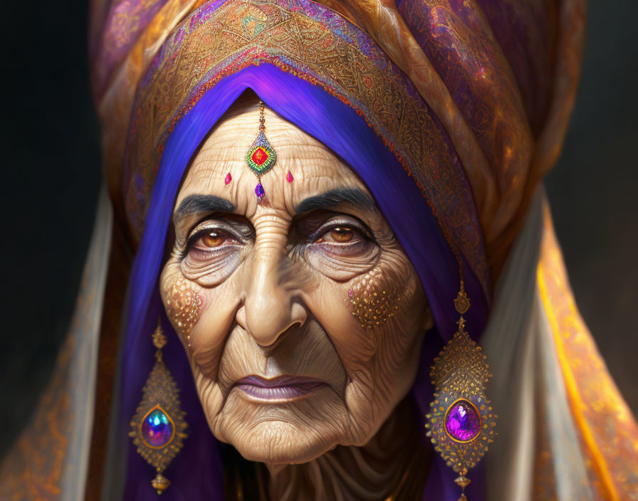 Elderly Woman with Colorful Turban and Traditional Jewelry