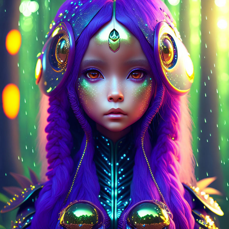Colorful portrait of female figure with purple hair and starry skin in mystical forest setting