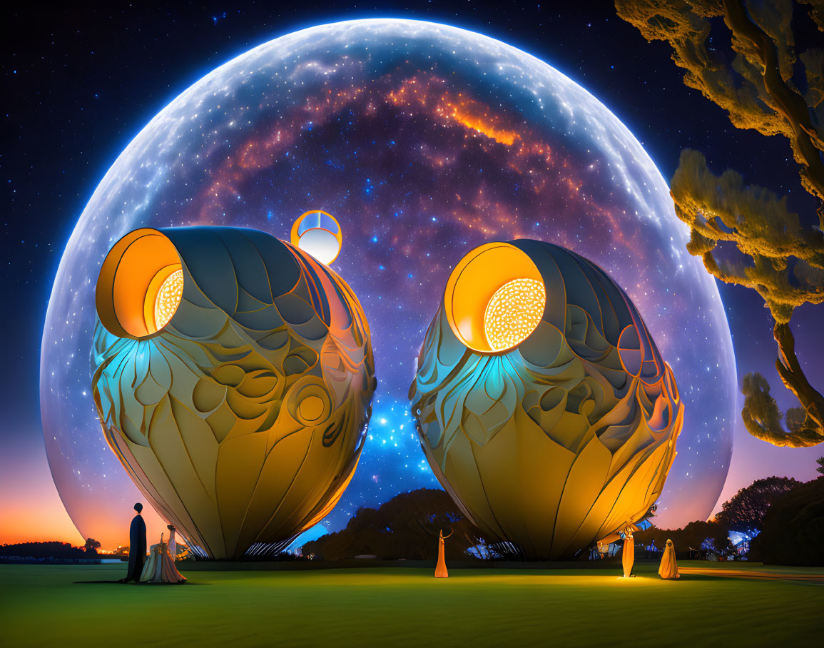 Illustration of illuminated spherical structures under a cosmic sky with moon, people silhouettes.