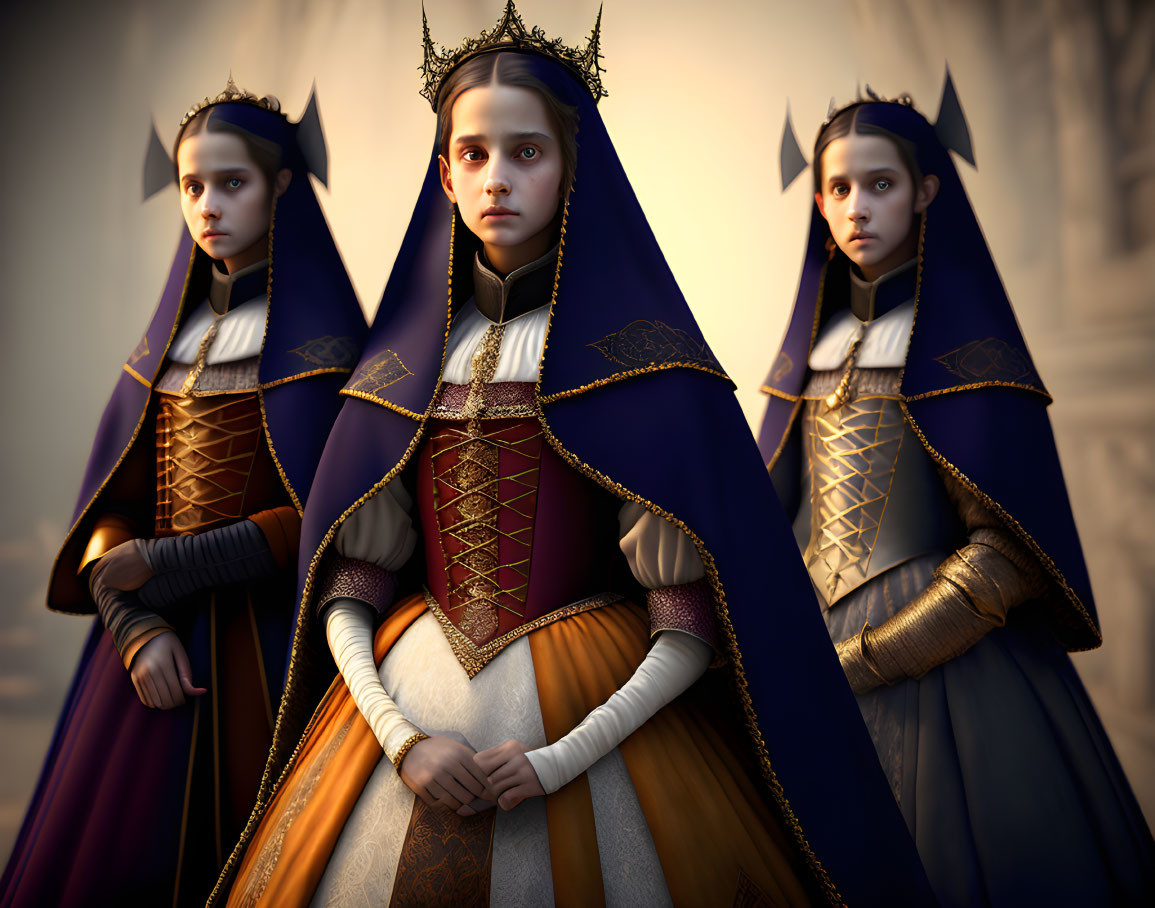 Animated royal medieval girls in triangle formation wearing crowns.
