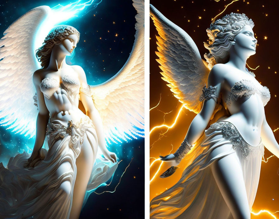 Artistic renderings of winged female figure with starry blue backdrop and vibrant orange lightning.