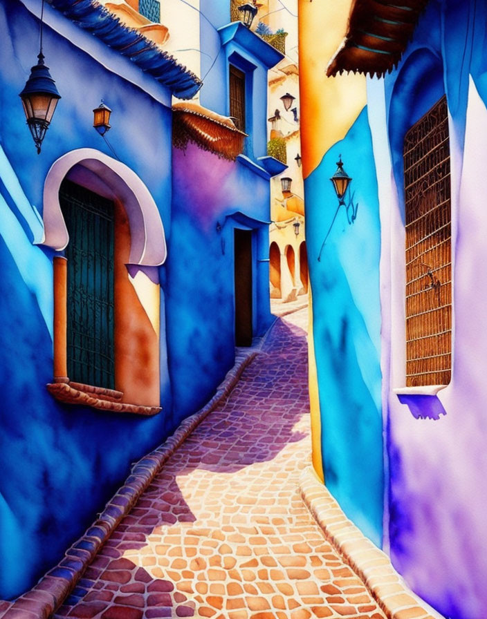 Colorful cobblestone alley with blue walls, arched doorways, and hanging lanterns.