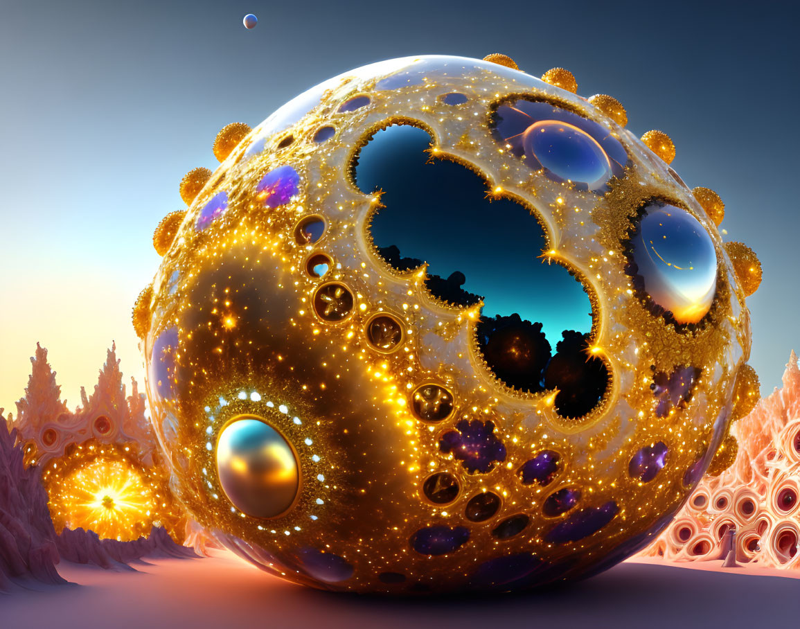 Intricate Golden Sphere in Surreal Fractal Landscape