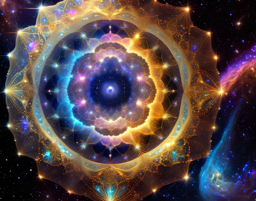 Colorful fractal digital artwork with cosmic and geometric motifs