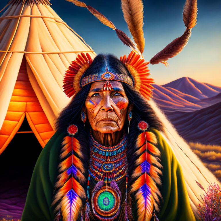 Native American man in traditional attire with feathered headdress in front of teepee and mountain landscape at