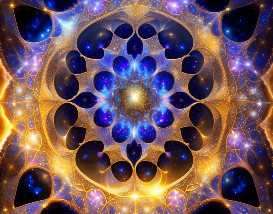 Vibrant cosmic fractal image with intricate golden patterns in blue and purple