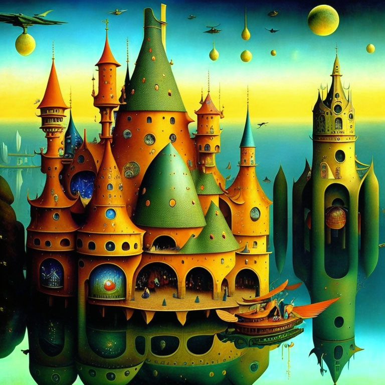 Whimsical castle painting with floating spires and celestial backdrop