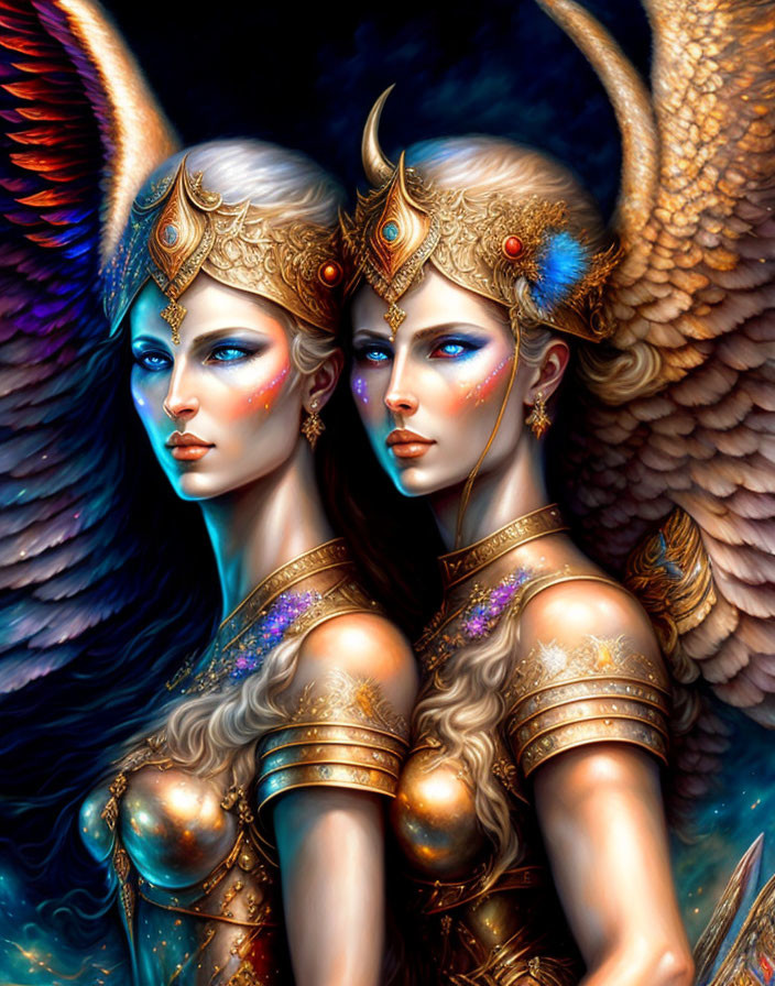 Ethereal women in ornate helmets and wings in fantasy illustration
