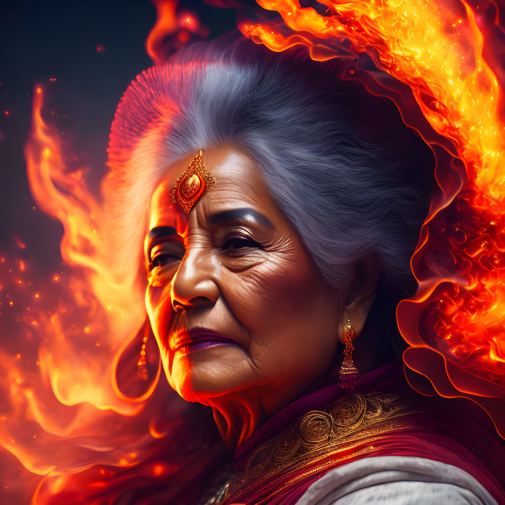Silver-Haired Elder Woman in Traditional Attire with Fiery Profile