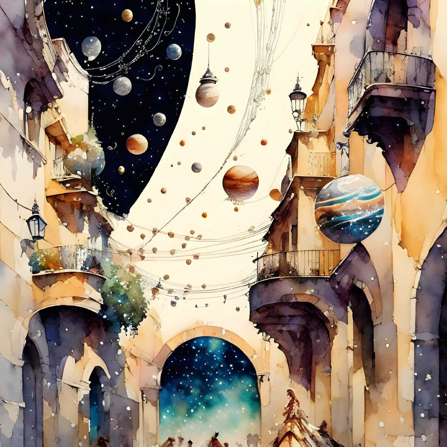Watercolor street scene with buildings, lanterns, and fantasy cosmos.