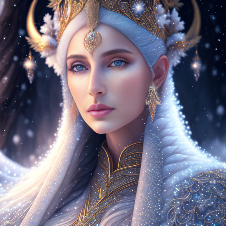 Ethereal woman with blue eyes in white and gold headdress surrounded by snowy aura
