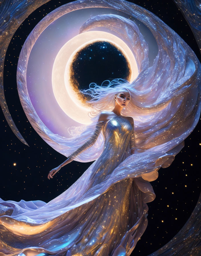 Woman with flowing hair and dress merges with stars and crescent moon in cosmic scene