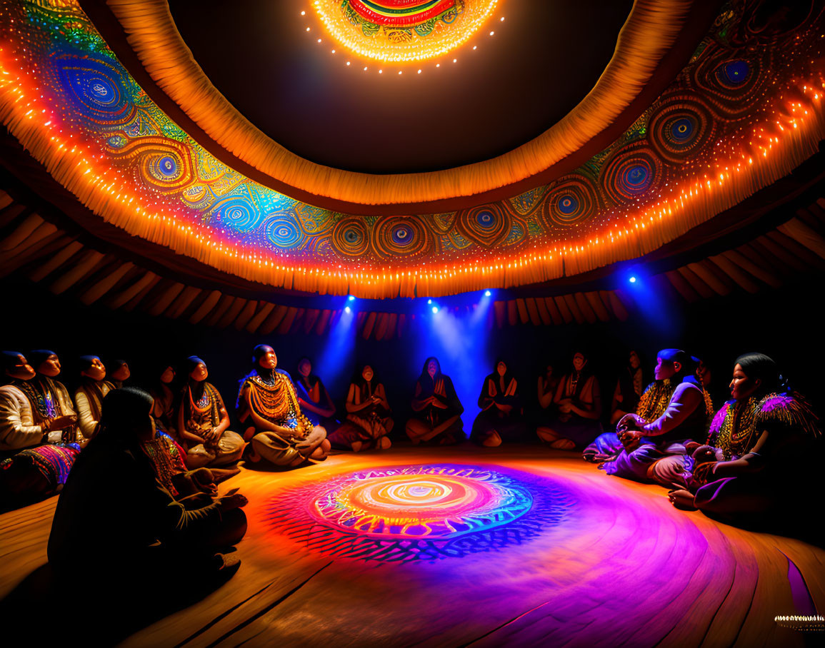Circular Room with Vibrant Mandala Patterns Creates Serene Cultural Ambiance