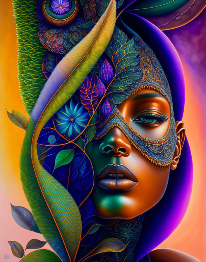 Colorful Masked Woman with Peacock Feathers and Nature-themed Designs