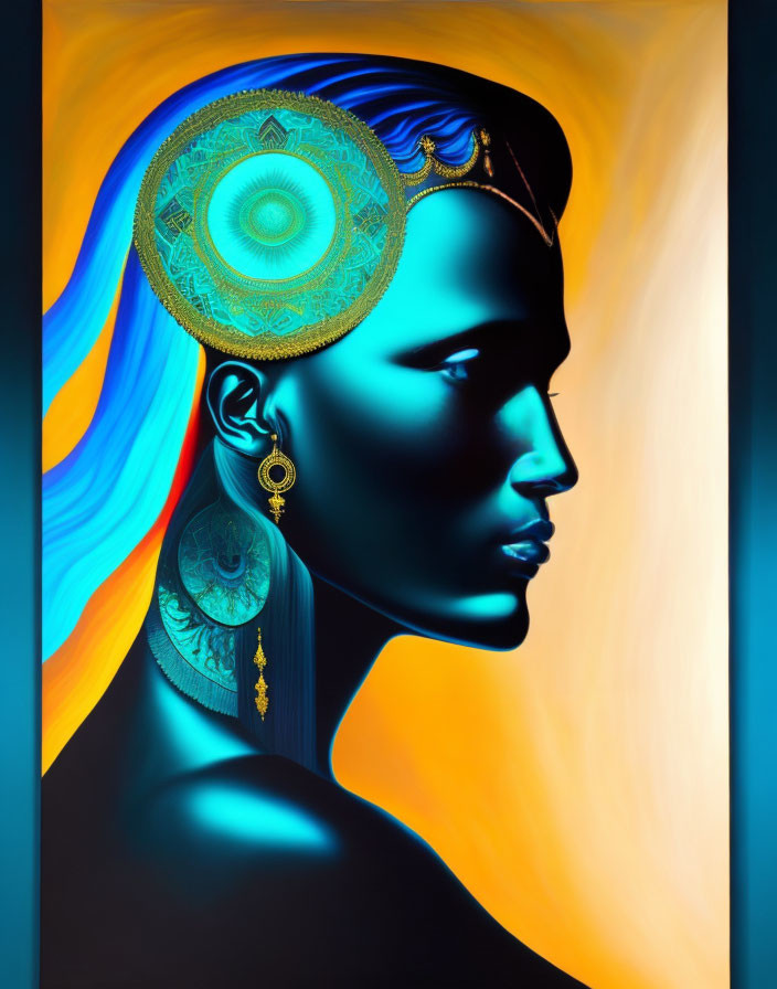 Colorful digital art: Woman with blue skin and golden jewelry on warm gradient backdrop