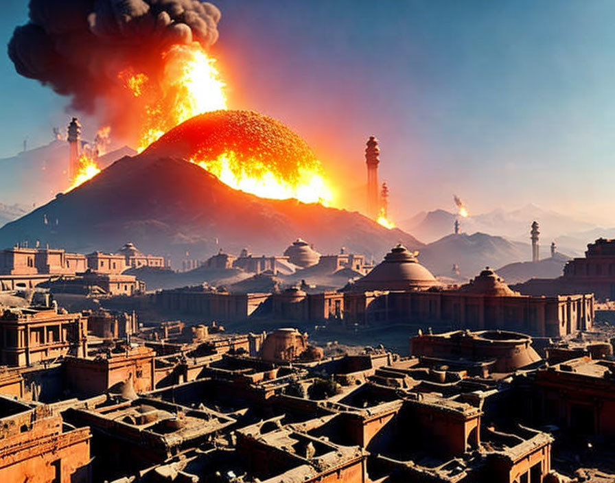 Cityscape with traditional architecture and erupting volcano in dramatic scene